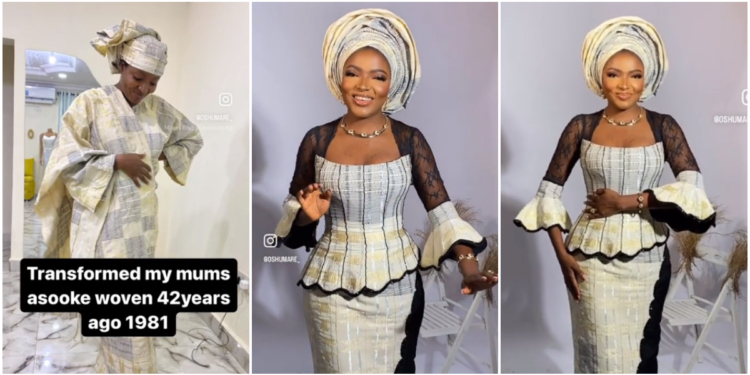 Talented lady transforms her mom 42-year-old Aso-Oke into fashionable outfit