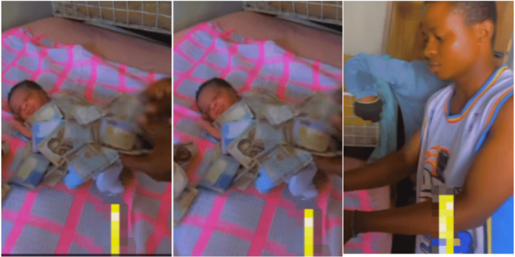 Nigerian man sprays money on his newborn baby, Netizens fume