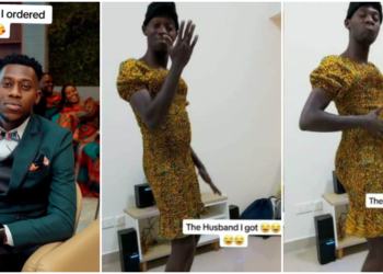 Man surprises his wife by dancing in her gown and heels