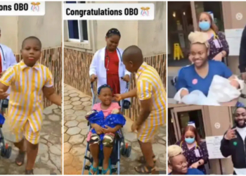 Kids recreate touching moment of Davido and Chioma leaving the hospital with twins