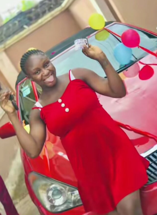 Lady receives red convertible car as push gift from husband