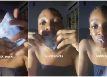 Internet reacts to bizarre video of lady consuming one thousand Naira notes