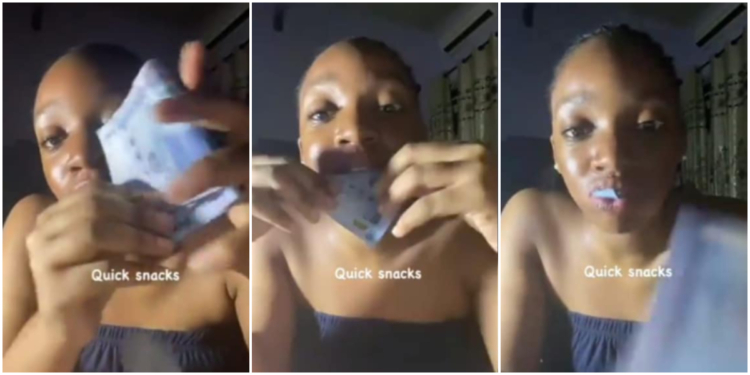 Internet reacts to bizarre video of lady consuming one thousand Naira notes
