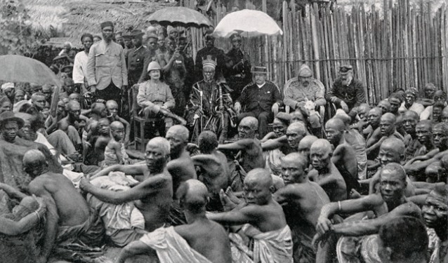 Photograph of the ceremony which formally incorporated the Ewi of Ado’s kingdom in the British Lagos Protectorate, from: The Queen’s Empire: a pictorial and descriptive