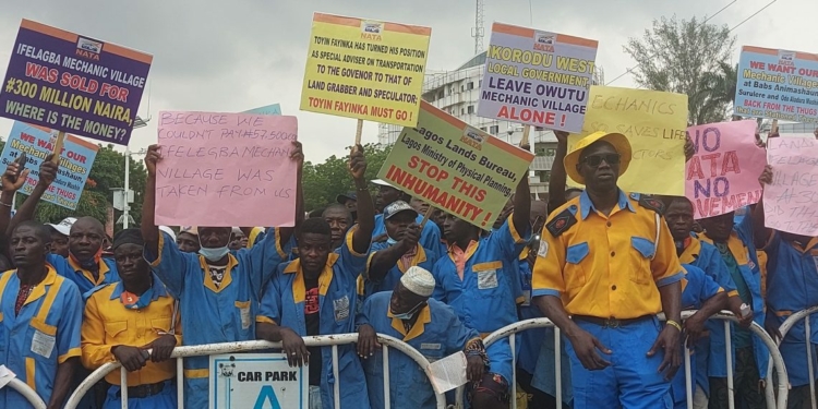 Lagos mechanics protest demolition of mechanic workshops and villages (Photo Credit: PREMIUMTIMES
