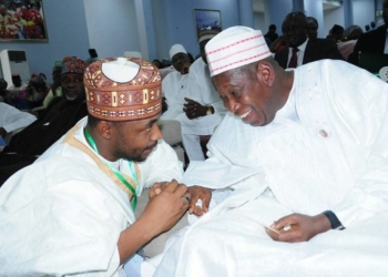 Governor Abdullahi Ganduje (right) with chairman Kano State Public Complaints and Anti-Corruption Commission, Muhuyi Magaji