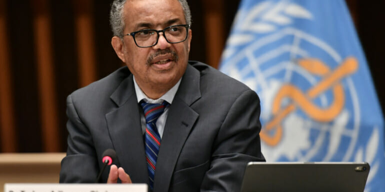 epa08525241 World Health Organization (WHO) Director-General Tedros Adhanom Ghebreyesus attends a press conference organized by the Geneva Association of United Nations Correspondents (ACANU) amid the COVID-19 pandemic, caused by the novel coronavirus, at the WHO headquarters in Geneva, Switzerland, 03 July 2020.  EPA-EFE/FABRICE COFFRINI