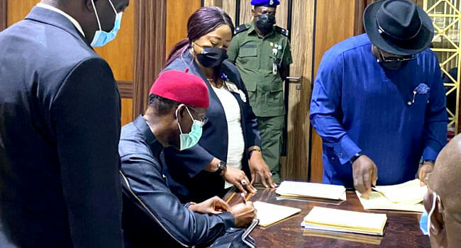 Delta State Governor, Ifeanyi Okowa, signs the anti-open grazing bill into law on September 30, 2021.