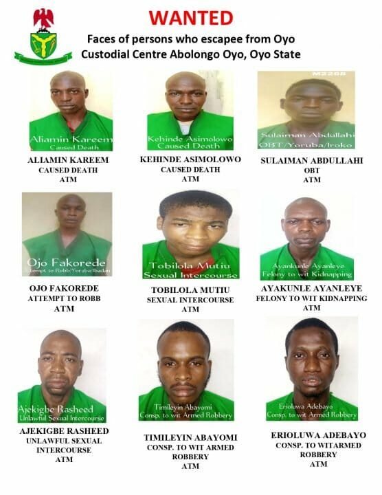 Oyo jailbreak: Nigerian Correctional Service releases names and photos of escapees