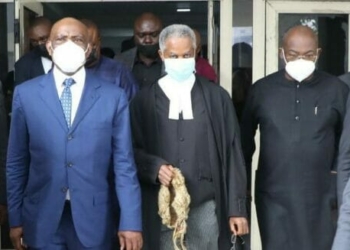 L-R Governor of Rivers State, Nyesom Ezenwo Wike; his lead counsel, Emmanuel Ukala, SAN