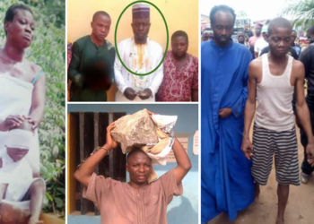 PIC COLLAGE: Monsurat Munirat Adedoyin – Former Deputy Chairman of Ikorodu Local Government of Lagos State,  caught in a forest attempting to use a child for rituals;

Islamic Cleric, Alfa Jamiu Olasheu Who Bought Human Skull For Ritual In Ogun State Arrested For Unlawful Possession Of Skull;

Islamic cleric, Alfa Kazeem Alimson who allegedly stoned boy to death for rituals in Lagos;

Prophet Olusola Akindele, arrested in  Ogun State for allegedly killing his for ritual.
