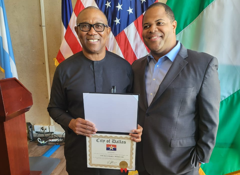 Peter Obi conferred with honorary citizenship in Dallas, USA