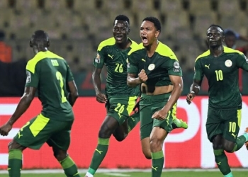 Senegal's defender Abdou Diallo (2ndR) celebrates after scoring his team's first goal during the Africa Cup of Nations (CAN) 2021 semi final football match between Burkina Faso and Senegal at Stade Ahmadou-Ahidjo in Yaounde on February 2, 2022. (Photo by CHARLY TRIBALLEAU / AFP) (Photo by CHARLY TRIBALLEAU/AFP via Getty Images)