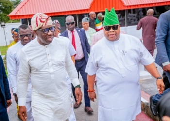 Osun State Governor Ademola Adeleke (right) and Edo State Governor Godwin Obaseki (left) as they arrive the PDP governor’s forum meeting