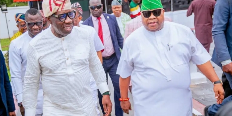 Osun State Governor Ademola Adeleke (right) and Edo State Governor Godwin Obaseki (left) as they arrive the PDP governor’s forum meeting