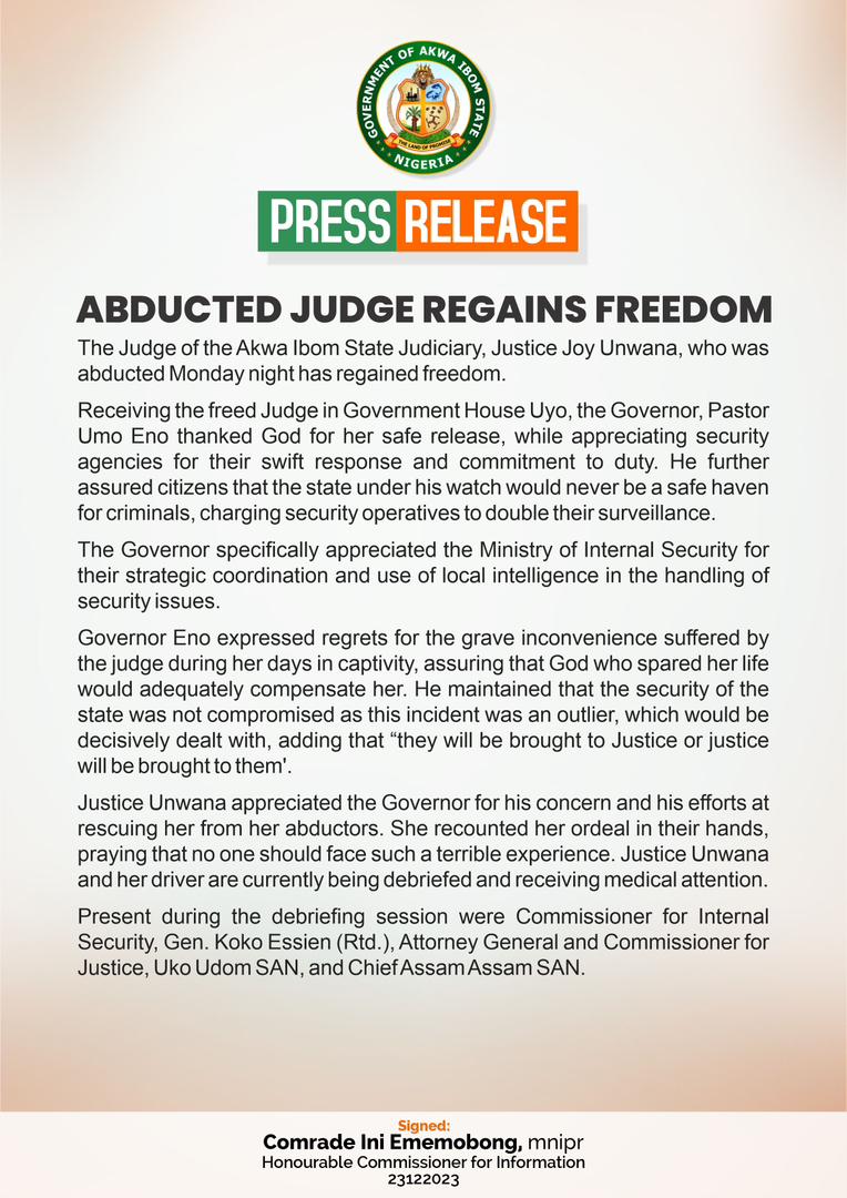 Gunmen release abducted Akwa Ibom Judge, driver