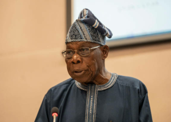 Former President of Nigeria Olusegun Obasanjo speaks speaks at the launch of the AU-LED report on Tigray peace process during the 38th African Union (AU) Summit, at the AU Headquarters in Addis Ababa on February 16, 2025. (Photo by Amanuel Sileshi / AFP) (Photo by AMANUEL SILESHI/AFP via Getty Images)