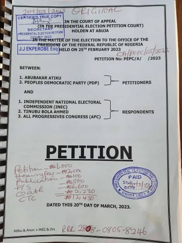 A picture of Atiku Abubakar’s petition in the 2023 presidential election, addressed to the Court of Appeal.