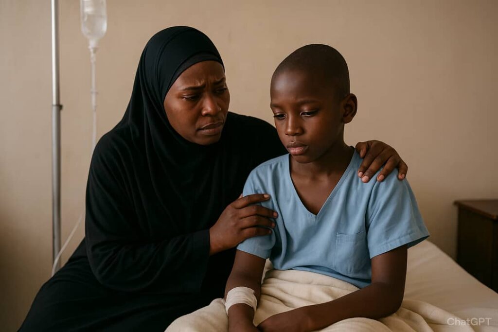 A mother anxiously watches over her sick child at a crowded hospital ward, reflecting the financial strain of healthcare costs| Image generated with CHAPGPT