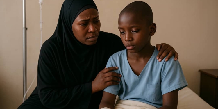 A mother anxiously watches over her sick child at a crowded hospital ward, reflecting the financial strain of healthcare costs| Image generated with CHAPGPT