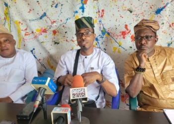 The factional National Secretary of the New Nigeria People's Party, Comrade Olaposi Oginni, the Ogun State Chairman of Inter-Party Advisory Committee, Comrade Abayomi Sanyaolu and factional National Publicity Secretary of Labour Party, Comrade Abayomi Arabambi while addressing journalists over last Saturday bye-election in Ogun State. Photo Credit: Taiwo Bankole