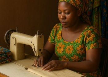 Focused hands, silent drive — a Nigerian seamstress at her machine, embodying the strength of small businesses powering employment.