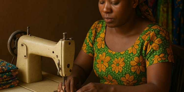 Focused hands, silent drive — a Nigerian seamstress at her machine, embodying the strength of small businesses powering employment.