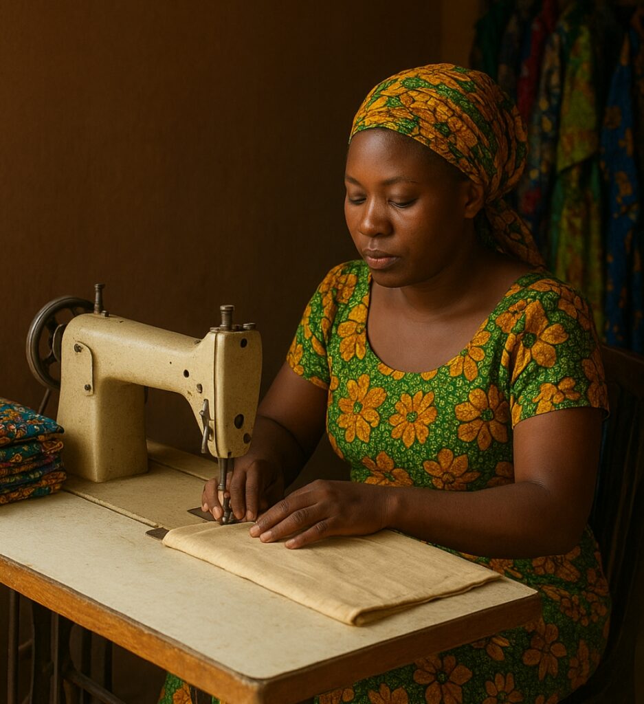 Focused hands, silent drive — a Nigerian seamstress at her machine, embodying the strength of small businesses powering employment.