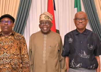 LR: Fubara, Tinubu and Wike during a meeting to broker peace between the warring factions