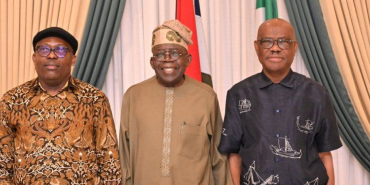 LR: Fubara, Tinubu and Wike during a meeting to broker peace between the warring factions