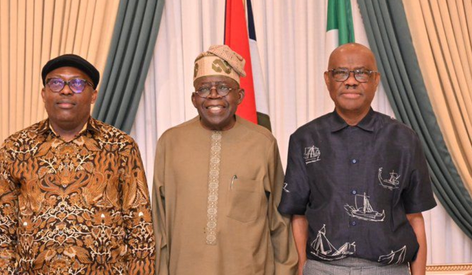 LR: Fubara, Tinubu and Wike during a meeting to broker peace between the warring factions