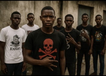 A group of young men pose on a street in Lagos — a symbolic representation of the growing cult subculture among urban youths.