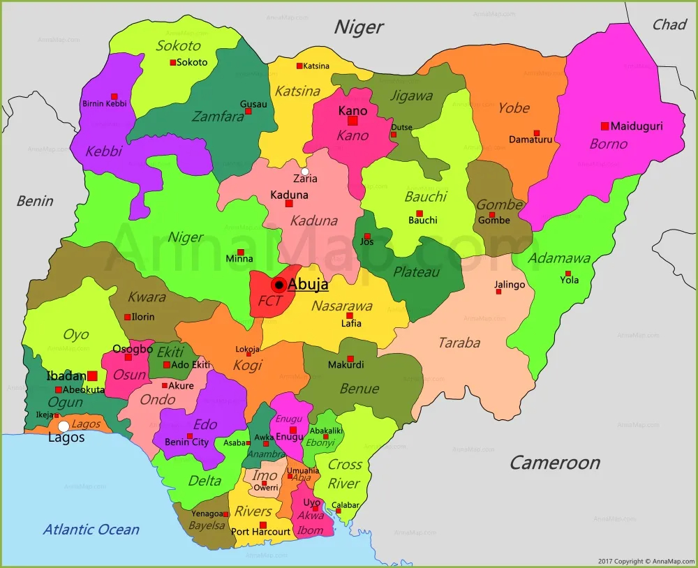 Map of Nigeria Showing all 36 States