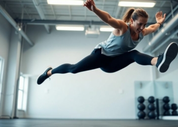 Person performing a burpee in a gym.