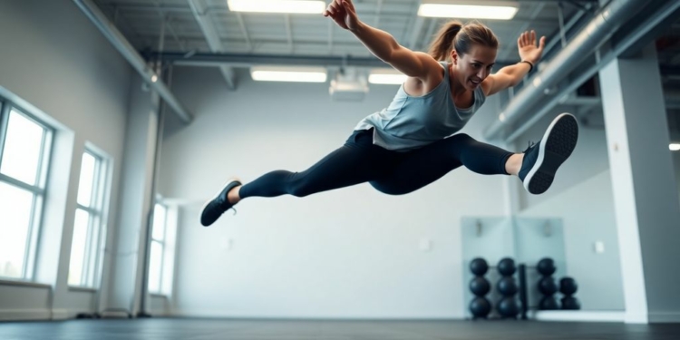 Person performing a burpee in a gym.