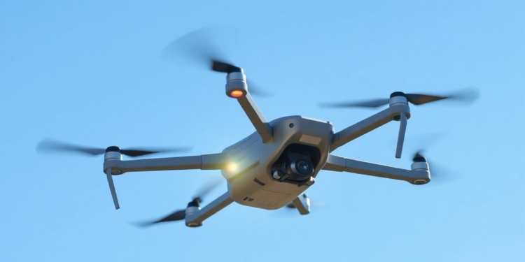 Drone flying in blue sky