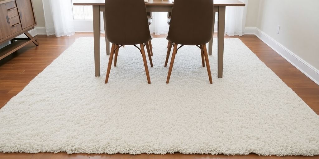 Dining room rug centered under table and chairs.