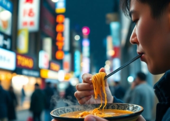 Woman enjoying ramen in a bustling Tokyo street.