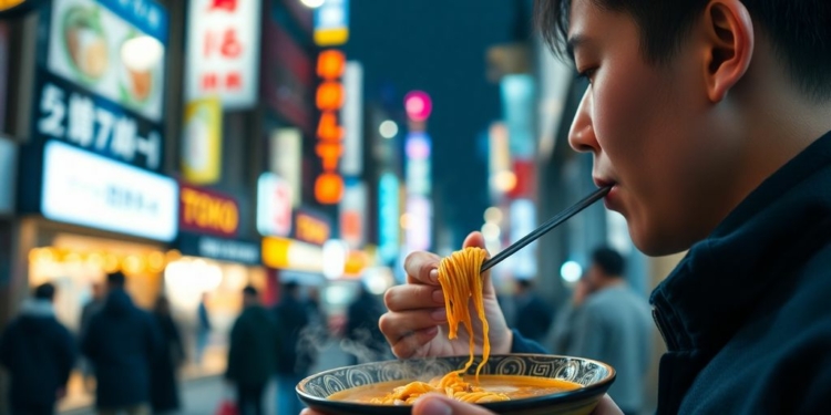 Woman enjoying ramen in a bustling Tokyo street.