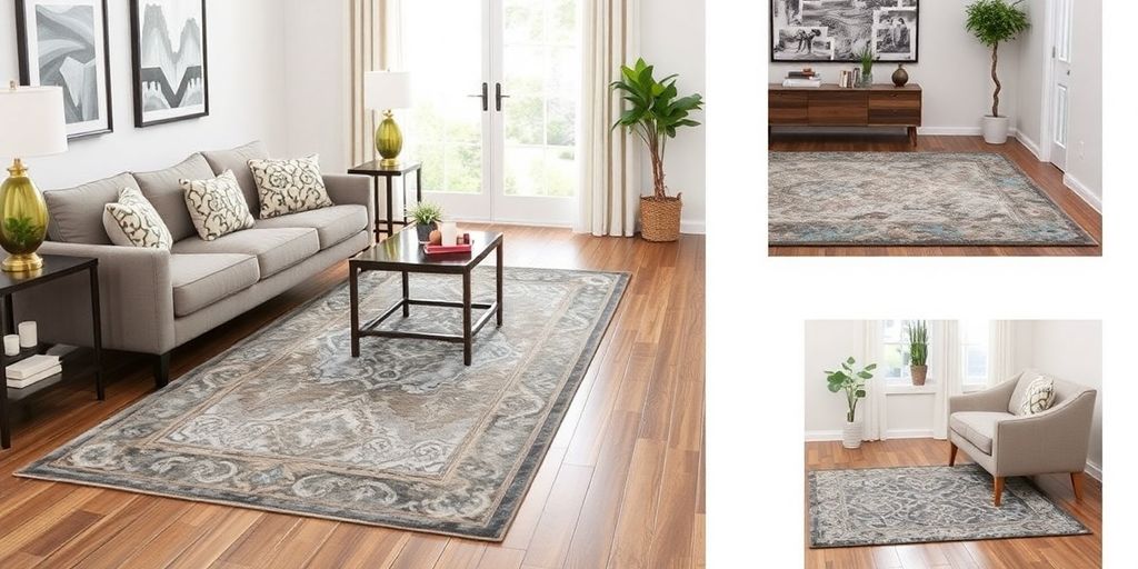 Room interior with various area rug sizes.