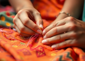 Hands sewing colorful fabric with thread.