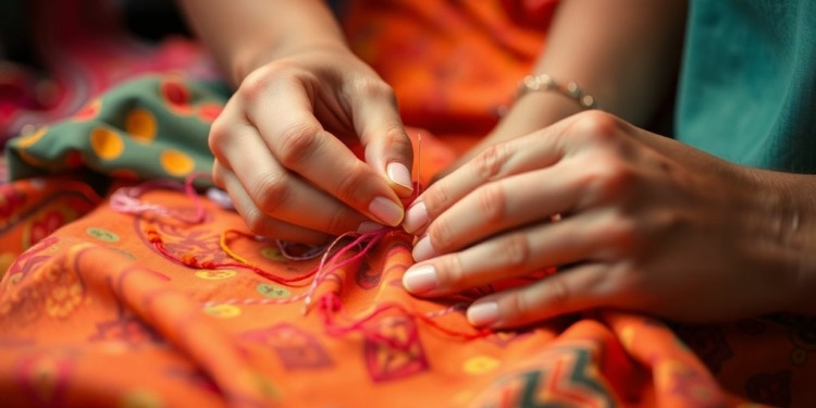 Hands sewing colorful fabric with thread.