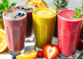 Assortment of vibrant, fresh fruit smoothies in glasses.