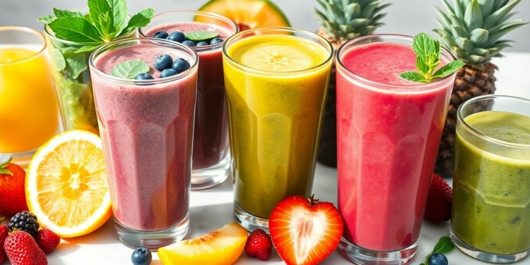 Assortment of vibrant, fresh fruit smoothies in glasses.