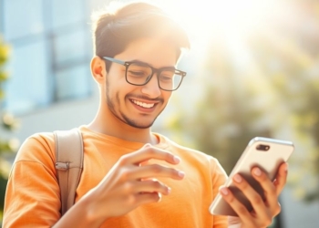 Millennial holding smartphone showing financial growth.