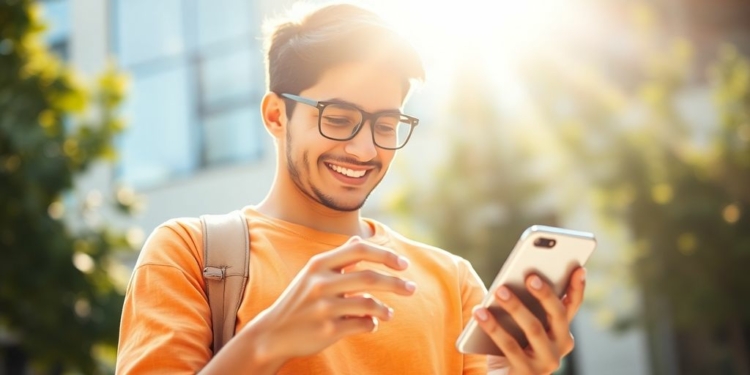 Millennial holding smartphone showing financial growth.