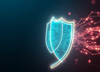 Digital shield protecting data from abstract cyber threats.
