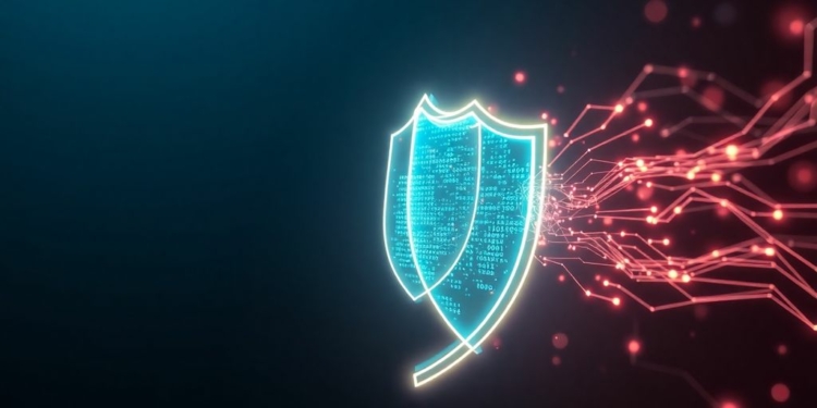 Digital shield protecting data from abstract cyber threats.
