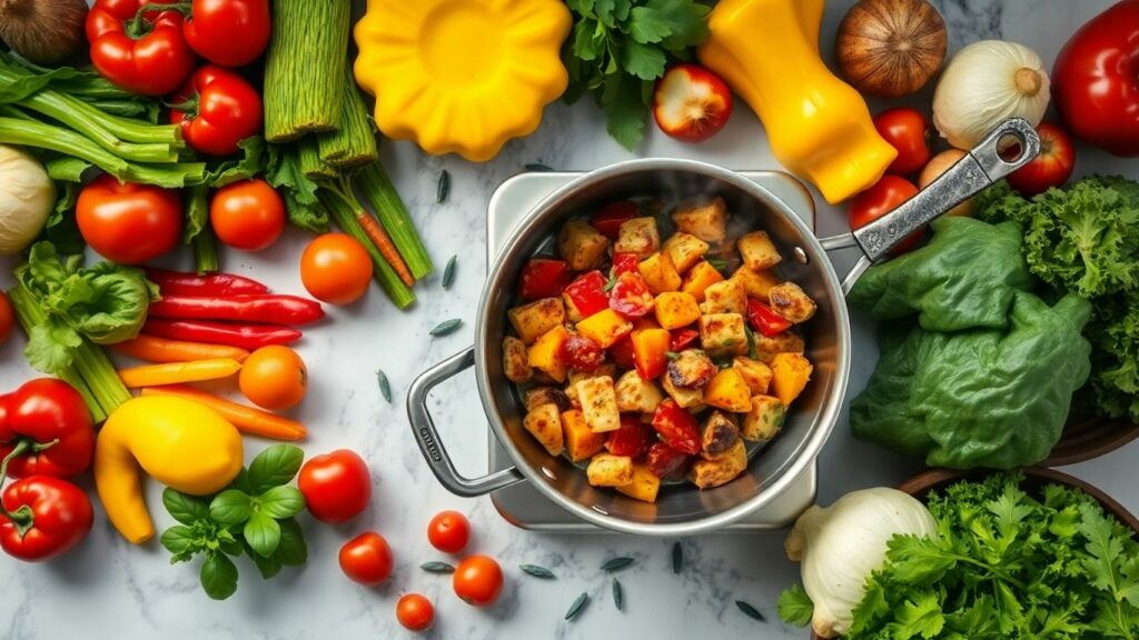 Quick and easy dinner ingredients and a prepared meal.