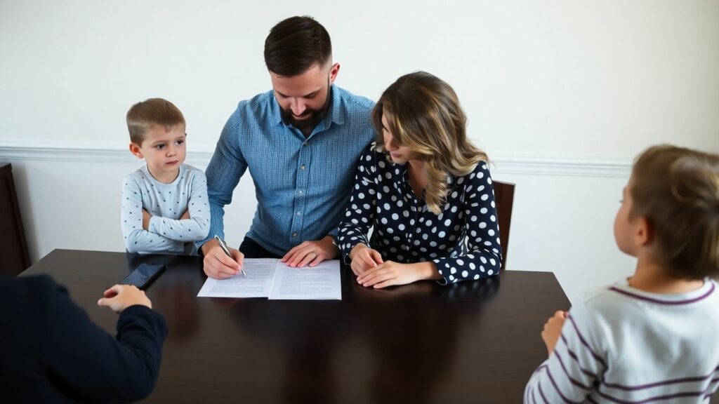 Couple signing prenup with children present